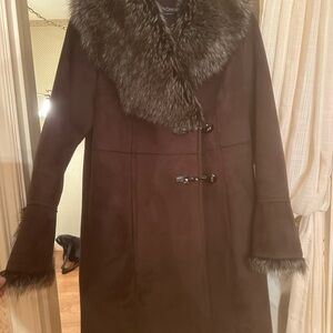 Simon Chang Dark Brown Teddy Jacket with Faux Fur Trim